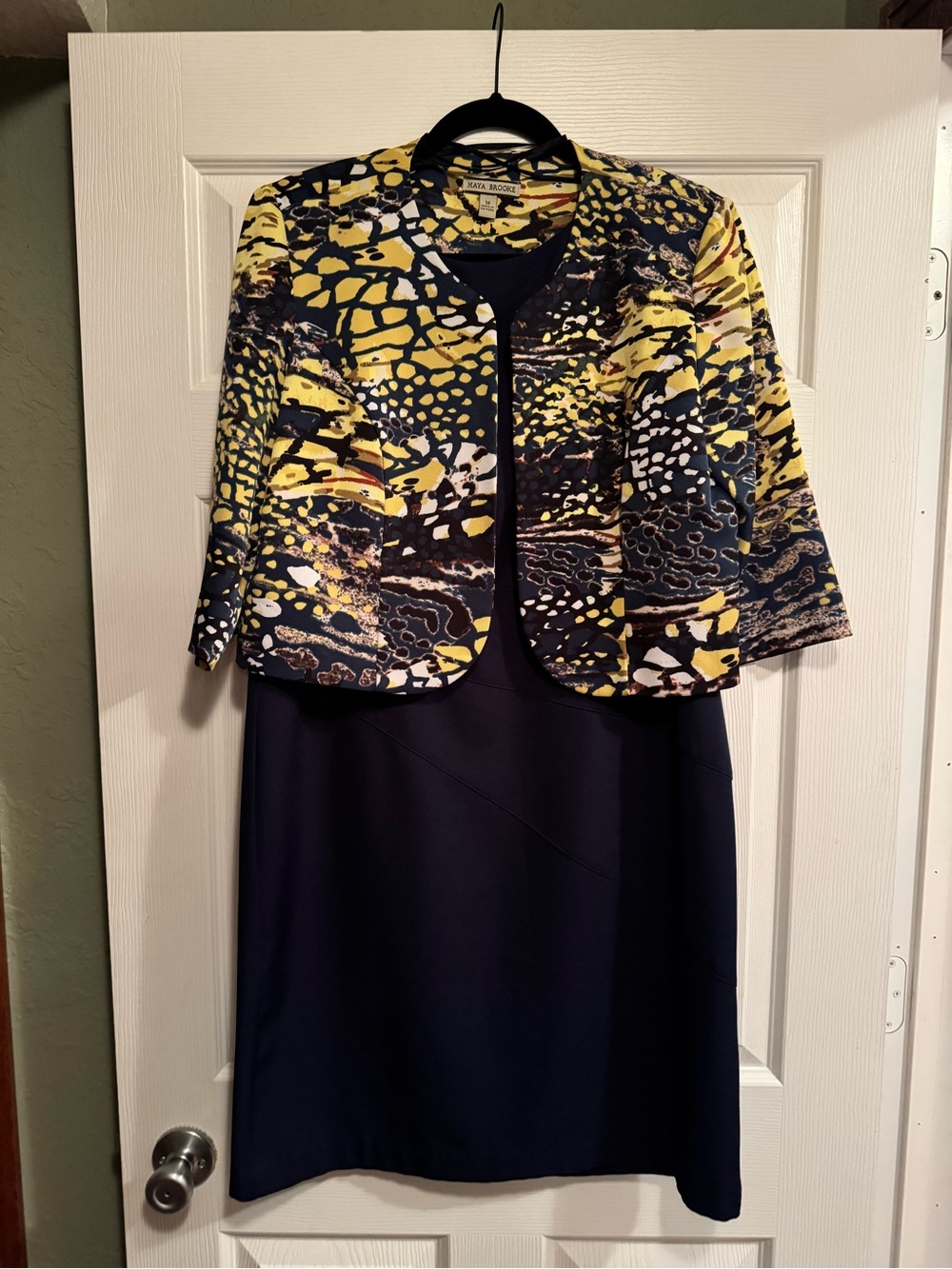 Maya Brooke 2pc Sz 14 Yellow & Navy Printed Jacket with Navy Sheath dress Set
